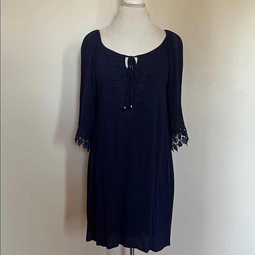 Naïf Navy Blue Boho Crochet Lace Shift Dress - Size Small